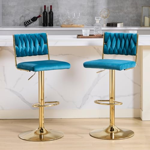 DAYALANE Barhocker drehbar, 2er Set, Barstuhl mit Gewebte Lehne, Teal | Bar Stools Höhenverstellbar, Bistrohocker aus Samt, mit Fußstütze, Tresenhocker Küchenhocker für Theke Küche