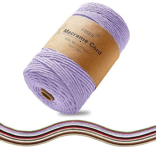 FOSER Premium Makramee Garn 3mm×200m, Baumwollgarn Baumwollkordel, für DIY Deko Handwerk Boho wanddeko (Lavendelviolett)