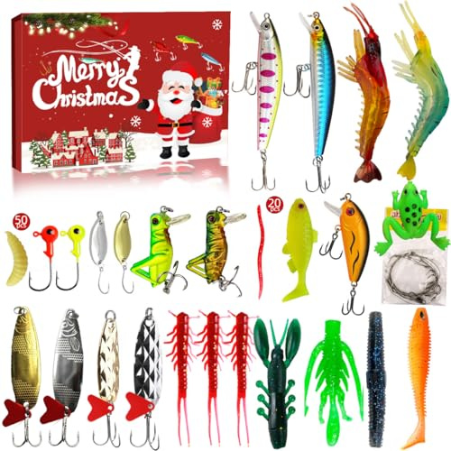 Adventskalender für Angler 24 Tage Countdown: 24er Set Köder Größen und Gewichte für Süß- oder Salzwasser bedruckte wiederverwendbare Box Täglicher Tipp für Angler, Teenager