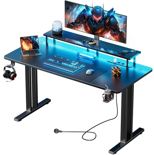 HLONONE 160 x 60 cm Gaming Tisch mit LED & Steckdose, PC Tisch Schwarz | Computertisch mit Monitorständer, Typ-C-Anschluss & 2 USB-A-Anschlüssen, für Gaming und Büro