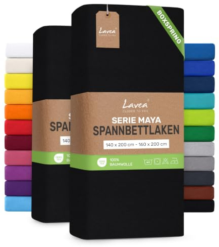 Lavea® 2er Pack Spannbettlaken 140/160x200cm – Schwarz | 100% Baumwolle – Für Boxspringbetten und Wasserbetten – Für Matratzen bis ca. 35 cm Höhe – Formstabil