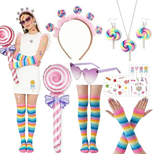 9er Lollipop Kostüm Accessories,mit Lollipop Haarreif,Ohrringe,Halskette,Candy Tattoos, Regenbogen Streifen Kniestrümpfe & Fingerlose Handschuhe,Aufblasbarer Lutscher, für Fasching Mottoparty (A)