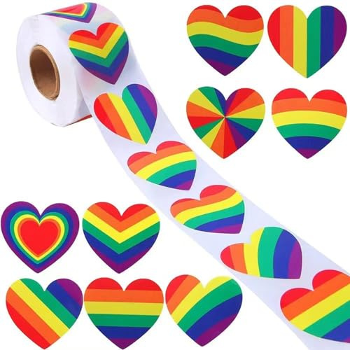 Elnwnnkc 500Counts Rainbow Heart Sticker 1Inch 1.5Inch Adhesive Wrapping Labels for Envelope Card Box Packaging Decoration Valentines Day Sticker