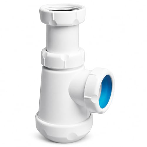 CABLEPELADO - Sifón Botella Corto para Bidet o Lavabo | Válvula de Desagüe Compacta de 1 1/2 | Material Plástico Resistente | Conector Tipo Codo y Rosca NPT | 7,6 x 10 x 16 cm | Blanco