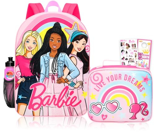 Barbie Backpack with Lunchbox Set for Girls School Bundle + More | 16in Large Durable Barbie Doll Bookbag w/ Insulated Lunch Bag Plus Water Bottle, Stickers, More - Barbie School Supplies