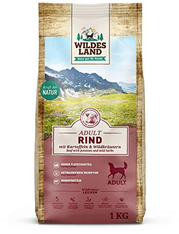 Wildes Land - Nr. 5 Rind - 1 kg - mit Kartoffeln und Wildkräutern - Glutenfrei - Trockenfutter für Hunde - Hundefutter mit hohem Fleischanteil Hohe Verträglichkeit