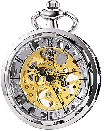 TREEWETO Herren Taschenuhr Hohles Steampunk Skelett Zifferblatt Sichtbares Zahnrad Mechanisches Uhrwerk Offenes Zifferblatt Taschenuhr