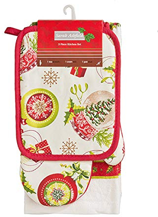 Ethel May 3 Pack Christmas Festive Xmas Tea Towel Set includes Tea Towel Oven mitt Gloves and Pot Mat Santa, Snowman, christmas tree and baubles (Festive Baubles)