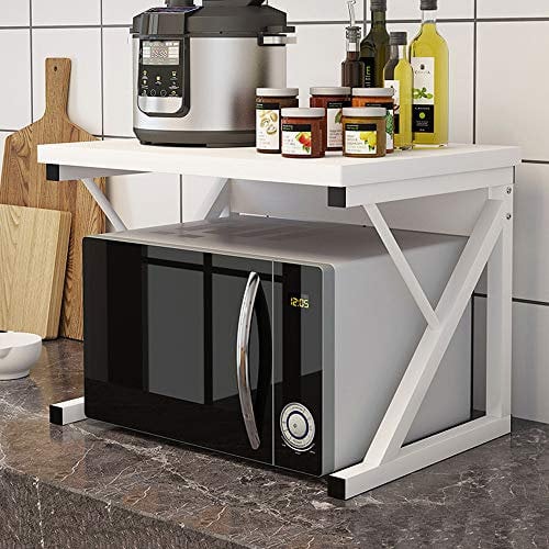 QIHANG-UK 2-Tier Microwave Oven Shelf Stand, Free Standing Baker's Rack, Over Microwave Shelf Unit, Kitchen Countertop Organizer, Kitchen Storage Shelf with Wood Top Metal Frame (White)