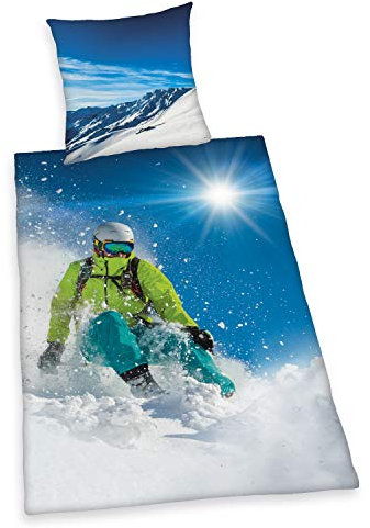 Herding Young Collection Bettwäsche-Set, Skifahrer-Wendemotiv, Kopfkissenbezug 80 x 80 cm, Bettbezug 135 x 200 cm, Mit leichtläufigem Reißverschluss, Baumwolle/Renforcé, Blau
