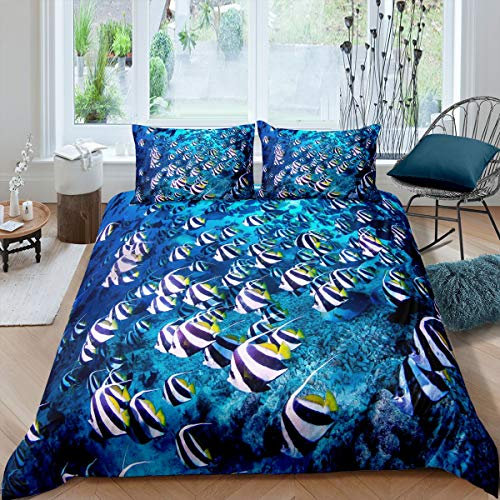 Greneric Bannerfish Bettwäsche-Set Meeresboden Fisch Bettbezug Tiefsee Tier Tröster Abdeckung für Kinder Jungen Mädchen Teen Malediven Ocean Tagesdecken Abdeckung Bett Dekor mit 135x200 Navy Blue
