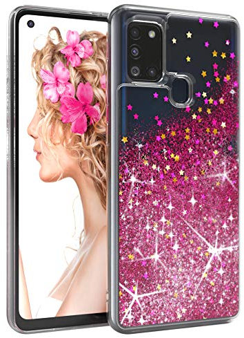 EAZY CASE Hülle kompatibel mit Samsung Galaxy A21s Schutzhülle mit Flüssig-Glitzer, Handyhülle, Schutzhülle, Back Cover mit Glitter Flüssigkeit, TPU/Silikon, Transparent/Durchsichtig, Pink