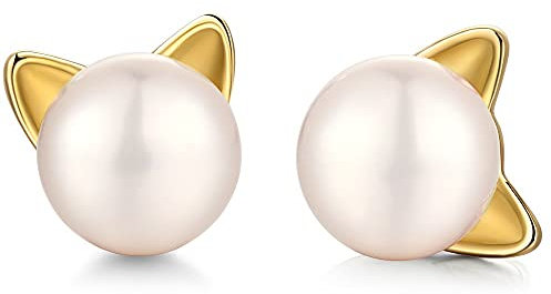 Katze Ohrstecker Perlen Ohrringe Katze Ohrringe für Damen vergoldet Katze Perle Ohrringe Silber 925 Ohrringe Kinder Mädchen Ohrstecker mit Katze Katzen Schmuck Mädchen Süßwasser Perlen Ohrstecker