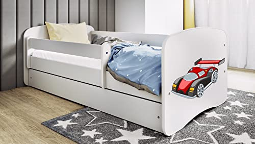 Bjird Kinderbett Jugendbett 70x140 80x160 80x180 Weiß mit Matratze Rausfallschutz Schublade und Lattenrost Kinderbetten für Mädchen und Junge - Rennwagen Motiv 160 cm