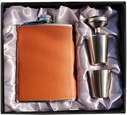 Hip Flask 8OZ Flask for Liquor for Men,LHD HOME Hip Flask Set with Funnel Shot Glasses,Food-Grade 304 Stainless Steel Flask Gift for Whiskey Rum Groomsman Best Man Usher Wedding Camping-Leather Brown