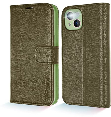 TECHGEAR Wallet Case for iPhone 13 Mini, Genuine Leather Magnetic Flip [RFID Blocking] Case with Shockproof TPU Holder, Card Slots, Stand Folio Cover Compatible with iPhone 13 Mini 5.4 2021, Green