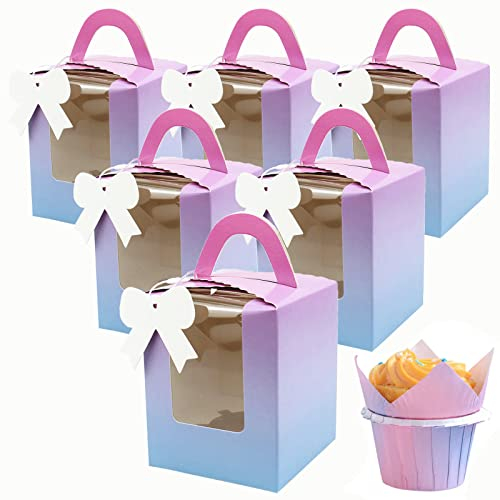 YankMooM 15 Pcs Single Cupcake Boxes,Individual Gradient Color Cupcake Boxes with Clear Window and Handle for Wedding Party and Gift Giving,Small Cakes Treat Boxes