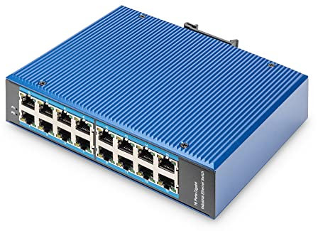 Digitus Switch di Rete - 16 Porte Gigabit Ethernet - 16x RJ45 - Non gestito - 10/100/1000 Mbit/s - Montaggio su Guida DIN e a Parete - IP40 - Serie Industriale - Blu