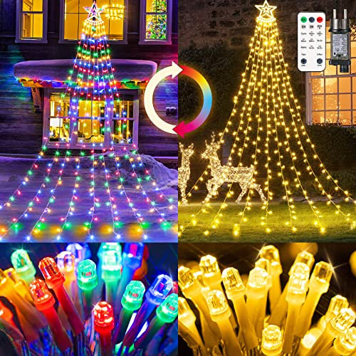 ELKTRY LED lichterkette Weihnachtsbaum mit Fernbedienung, 349 LED lichterkette Außen/Innen 11Modi 9x3.5m wasserdicht Bunt warmweiß, Beleuchtung mit grosser Sterne für Weihnachten Party Garten Balkon