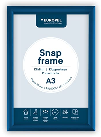 Europel leichter Klapprahmen DIN A3, Farbe Blau, Easy-Click System, Profil 25x11 mm, eloxiertes Aluminium und blendfreie Schutzfolie, Außenmaß 328x451 mm, grau Polystyrol Rückseite
