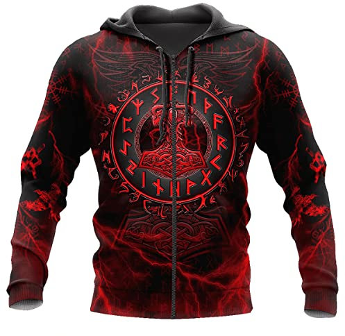Viking Hoodie 3D Print Norse Mythology Valhalla Long Sleeve Spring Autumn Pullover for Men and Women Cosplay Costume,Thor Hammer Zipper,4XL