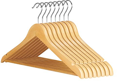 Homewit Kleiderbügel Holz 8 Stück Holzbügel Holzkleiderbügel Natur mit Rockkerben und Hosensteg, um 360° drehbarer Haken, rutschfest Holzkleiderbügel für Hemd Anzug, 44,5L X 23 B cm