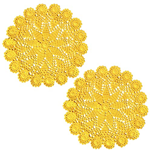 BIBITIME 2PCS Lace Placemats 9.8 in to 11.8 in Kitchen Dinner Table Doilies Dishes Bowl Knife Fork Mats Handmade Crochet Knitted Yellow