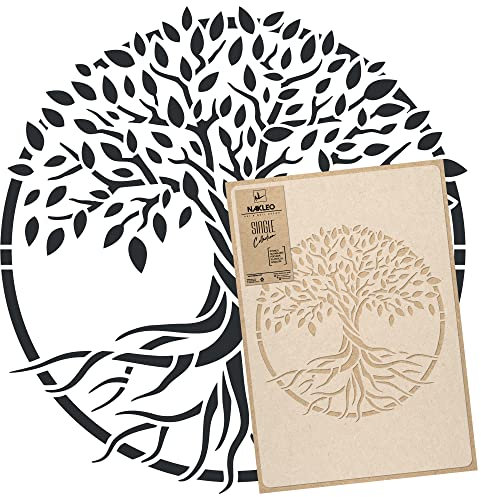 NAKLEO Pochoir pour Peinture Murale Grand Format 59x95cm, Modèle en Plastique et Réutilisable, Arbre Vie Cercle, DIY Bricolage Artisanat Décoration a Peindre, Bois Tissu Mueble
