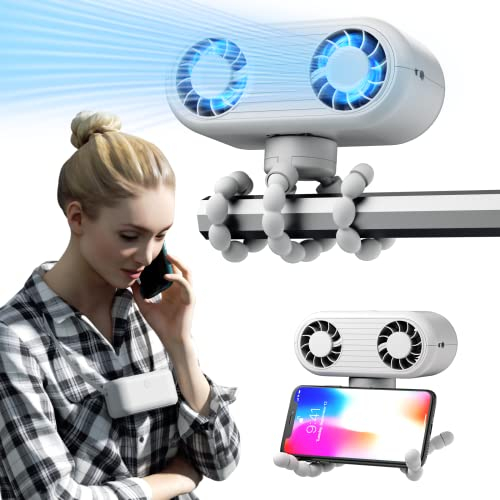 QKTYB Pram Fan Clip on Stroller, Dual Head Clip on Fan for Pram, Flexible Tripod Portable Stroller Fan Battery Rechargeable Neck Fan for Pushchairs Bedroom Crib Treadmill Travel