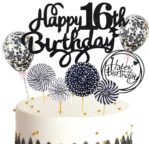 Feelairy Tortendeko 16. Geburtstag Mädchen Jungen, Schwarz Kuchen Deko 16. Geburtstag Mädchen Jungen Cake Topper Happy Birthday Ballon Konfetti für Geburtstagstorte Deko 16 Jahre Kinder