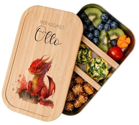 Manufaktur Liebevoll | Brotdose mit Namen für Kinder aus Edelstahl u. Bambus | Personalisiertes Geschenk u.nachhaltige Geschenkidee für Mädchen u. Jungen | Lunchbox (Motiv Roter Drache)