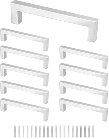 QWORK® 10 Stück Möbelgriffe Silber, griffe für küchenschränke, Quadrat Griffe, 304 Edelstahl, mit Schrauben, Lochmitte: 128 mm