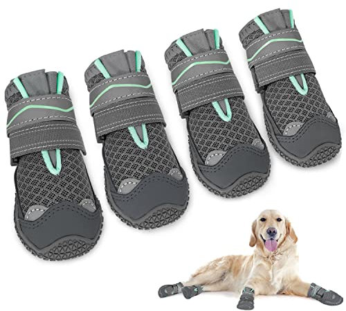 SlowTon Hundeschuhe Pfotenschutz, 4 Stück atmungsaktive Hunde Schuhe Outdoor mit Rutschfester Sohle, verstellbarem reflektierendem Klettverschluss Hundestiefel für kleine, mittlere und große Hunde