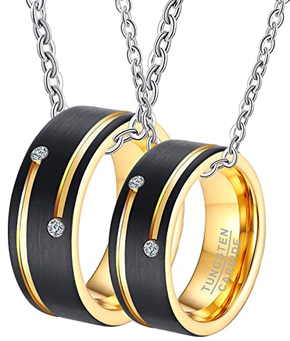 Halskette mit Ring Paar, Anhänger Kette Wolfram Gravur Vergoldet Schwarz Gebürstet Ring mit Zirkonia Halskette Damen 57 + Herren 62