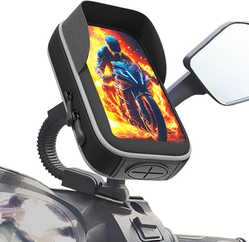 Renimove Soporte movil Moto retrovisor Scooter sujecion Universal irrompible para Espejo de Moto y Scooter Funda a Prueba de Agua con Visera Anti-Reflejos y Compatible con Smartphones hasta 7.5
