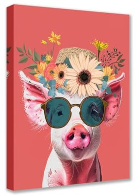 Impression sur toile représentant un cochon avec des lunettes de soleil et un chapeau de paille sur toile - Décoration murale pour salon - Encadrée - Prêt à accrocher - 30,5 x 40,6 cm