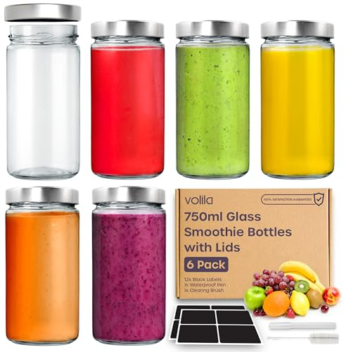 Mason Jar – 750 ml (lot de 6) Smoothie Bocal en Verre avec Couvercle, Pinceau, Étiquettes et Stylo – Étanches & Bocaux en Verre Hermétique pour Smoothies, Jus et Stockage des Aliments