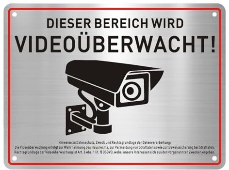 Funtery Schild Aluminium Gebürstet 20x15 cm, Schild Videoüberwachung mit DSGVO Kameraüberwachung Selbstklebend （1 Stück ）