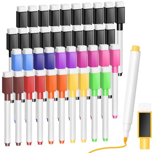 Mulaibdin 40 Stück Whiteboard Marker, Folienstift Abwischbar mit Radierer, Whiteboard Stifte Magnetisch, Dry Erase Marker Schwarz, 11 Farben White Board Marker Pens für Büro,Schule,Zuhause