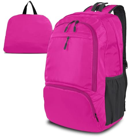 Dewellyoo Sac à dos léger, pliable, imperméable, respirant, pour camping, randonnée, voyage, école, sac à dos pour femmes, hommes, enfants, rose rouge, 40*18*50CM