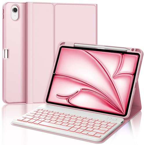 JADEMALL Coque Clavier pour iPad Air 11 Pouces M3 2025/M2 2024, AZERTY Français Clavier Rétro-éclairé Bluetooth Magnétique Détachable avec Fente pour Stylo pour iPad Air 11 M2/M3, Rose