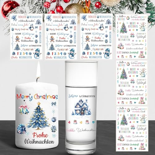 ROEOWENE 6 PCS Kerzentattoos Weihnachten,Wasserschiebefolie Kerzen Tattoos,Rub on Sticker Weihnachten Kerzenfolie DIY Kerzensticker für Keramik, Kerzenaufkleber für Kerzen Dekorieren Kerzentatoos,Blau