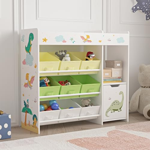 [en.casa] Kinderregal Søndreland Bücherregal für Kinder mit 9 Aufbewahrungsboxen Spielzeugregal mit Schrank 80 x 90 x 30 cm Spielzeug Aufbewahrung Dinosaurier Motiv