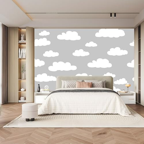 Papier peint intissé Formes simples Nuages blancs Papier peint panoramique 250 x 175 cm Revêtement mural décoration pour chambre salon cuisine Noir et blanc
