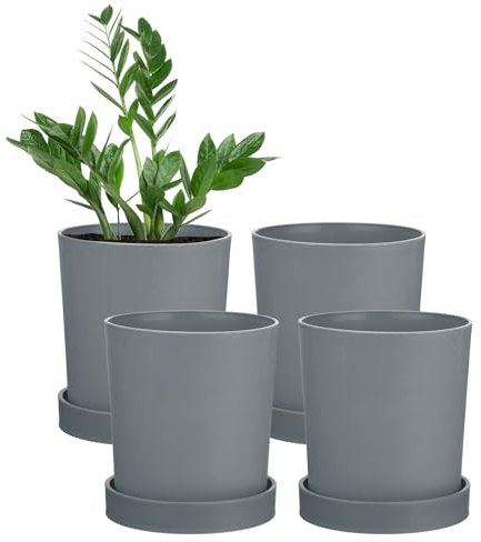 M METERXITY 4-Pack Plant Pots, 4.5 Inch Plastic Flower Pots with Drainage Holes for Cactus/Succulents Pot/Small Plants/Home/Garden, Planters for Indoor Plants [Grey]
