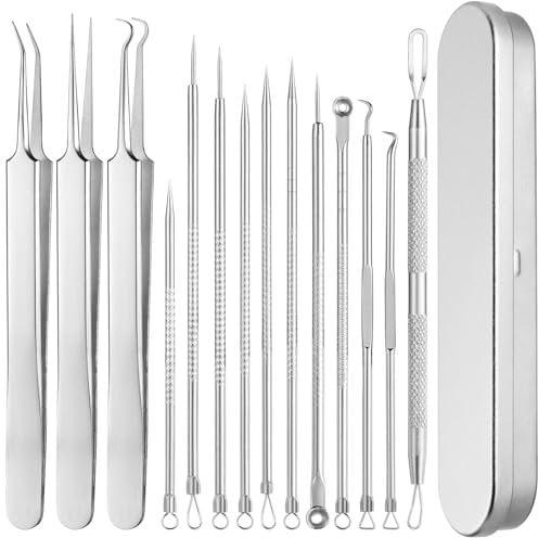 14 Stück Mitesserentferner Komedonenquetscher Set,Pickel Ausdrücken Werkzeug,Pinzette Pickel Nadel Mitesser Entferner mit Box,Pickelentferner für Alle Hauttypen Nasen Gesichtspflege (Edelstahl)
