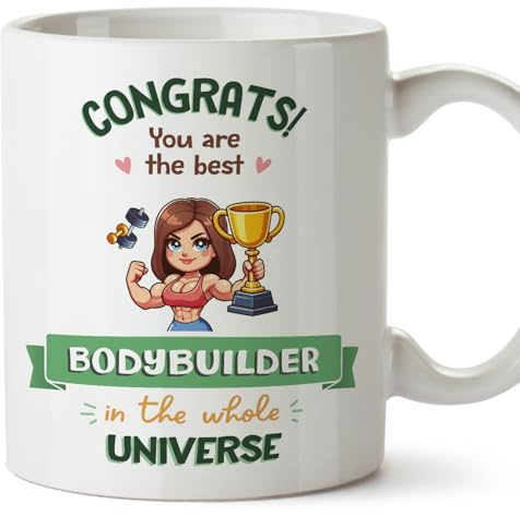 MUGFFINS Bodybuilder Woman Mug - in English - Best in Universe Trophy - Funny Gift for Colleagues - Ceramic 11oz Mug