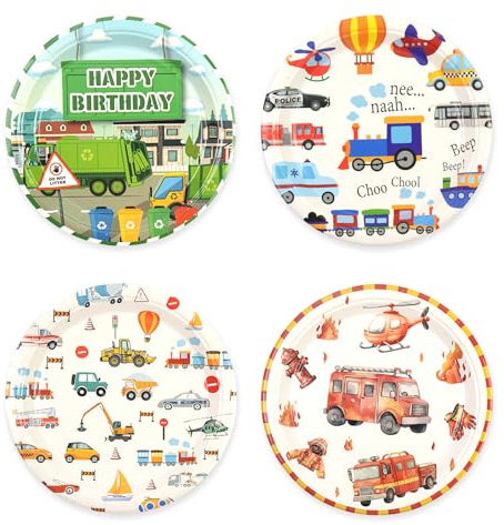60pcs Car Party Plates 7 inch, Fire Truck Transportation Excavator Automotive Birthday Decorations in 4 Designs Firefighter Gifts Transportation Truck Party Supplies for Boy Kids Sport Police