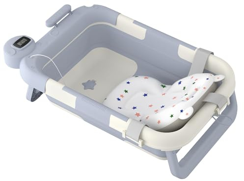 FIVMEN Baby Badewanne Faltbare Babywanne Babybadewanne mit Gestell, Thermometer und Badekissen Rutschfeste Tragbare für Neugeborene Kleinkinder, Lichtblau