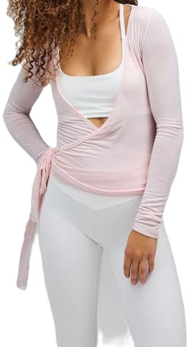 Geagodelia Haut cache-cœur pour femme pour ballet, yoga, pilates à manches longues noué sur le devant, T-shirt d'entraînement Y2K - Vêtements esthétiques - Tenue d'été - Chemisier streetwear, A -